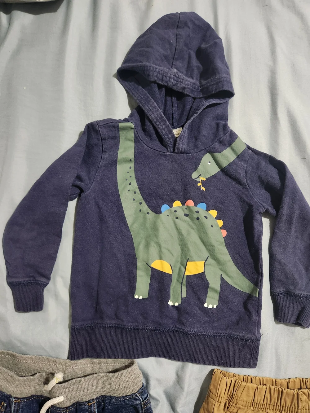 Carter's Navy Hoodie with Green Dinosaur + Blue Jeans and Tan Pants